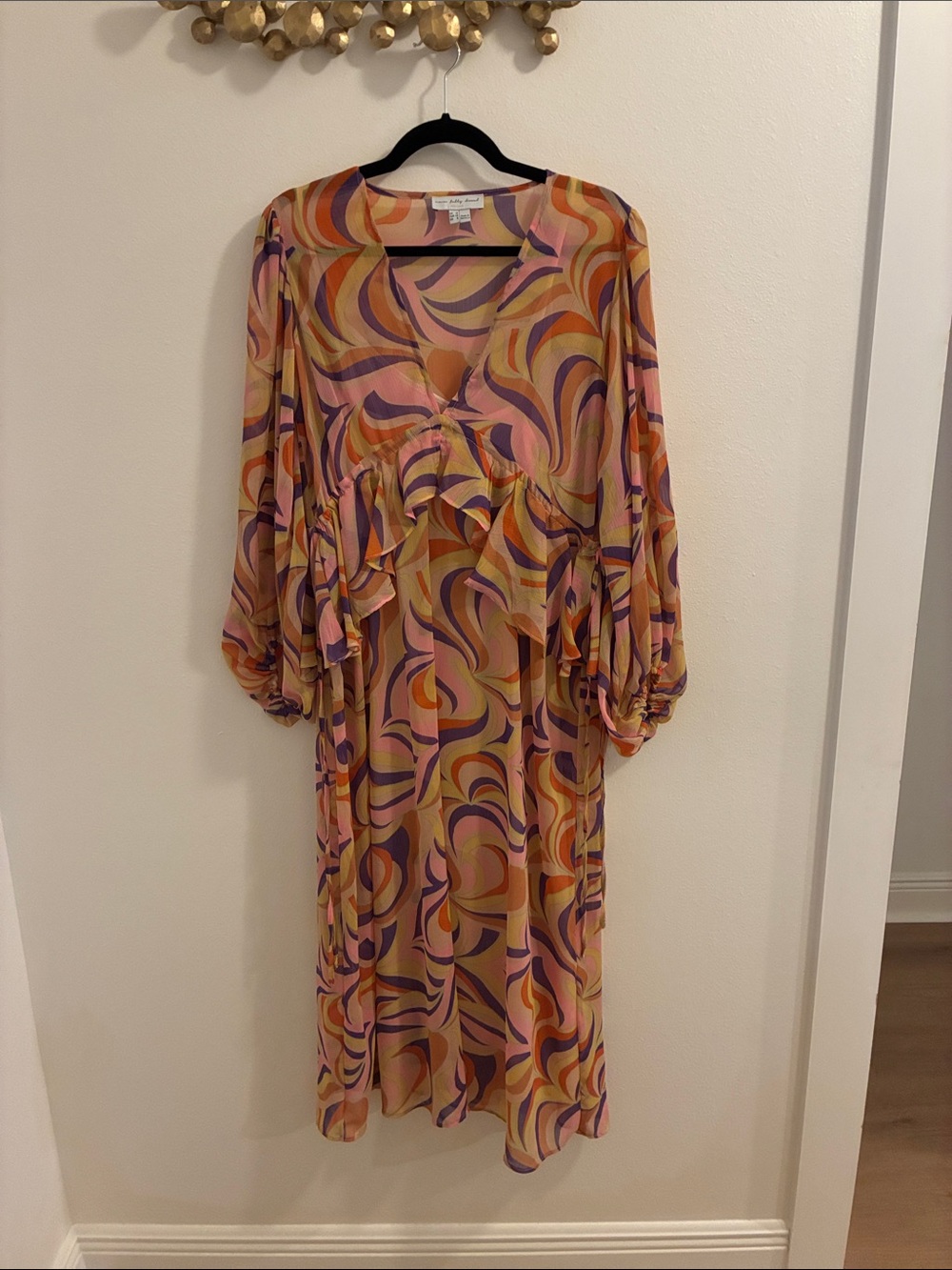 Never Fully Dressed Peach, Purple and Orange Swirl Midi Dress